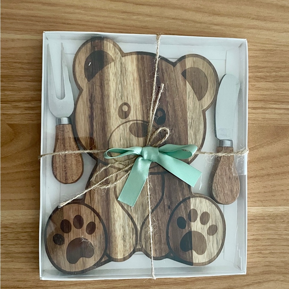 Wooden Bear Cheese Board Set with Spreader and Fork - Natural Wood & Mint Ribbon